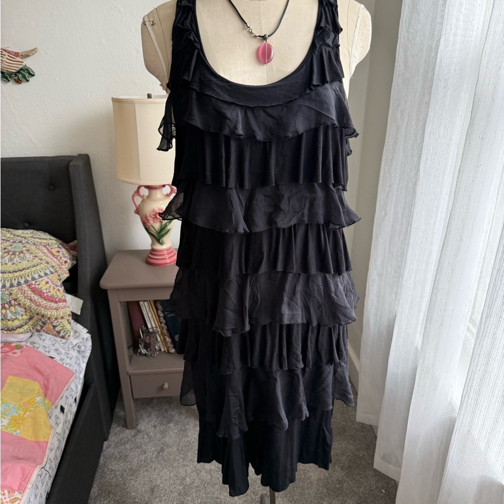 Garnet Hill Black Ruffled Tiered Midi Dress